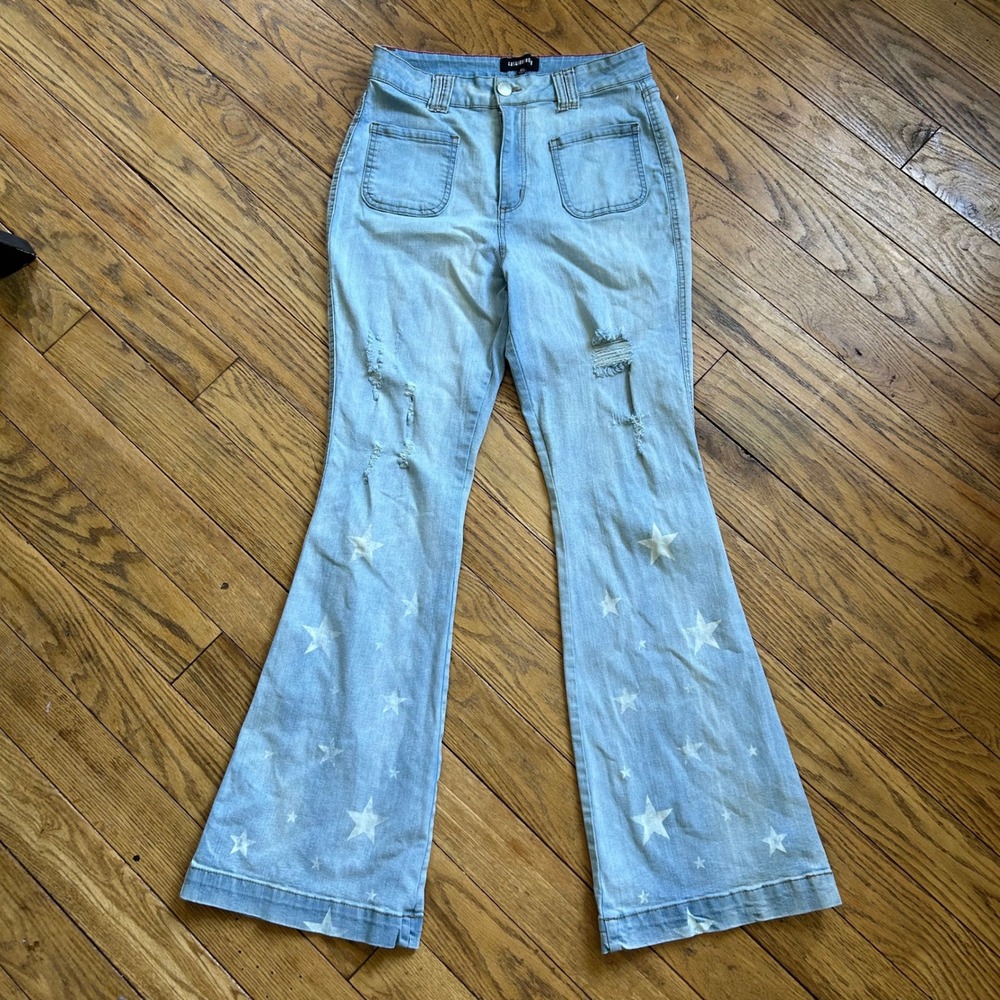 Fashion Nova Star Print Flare Jeans Light Wash‎ Distressed Bell Bottom Size 15